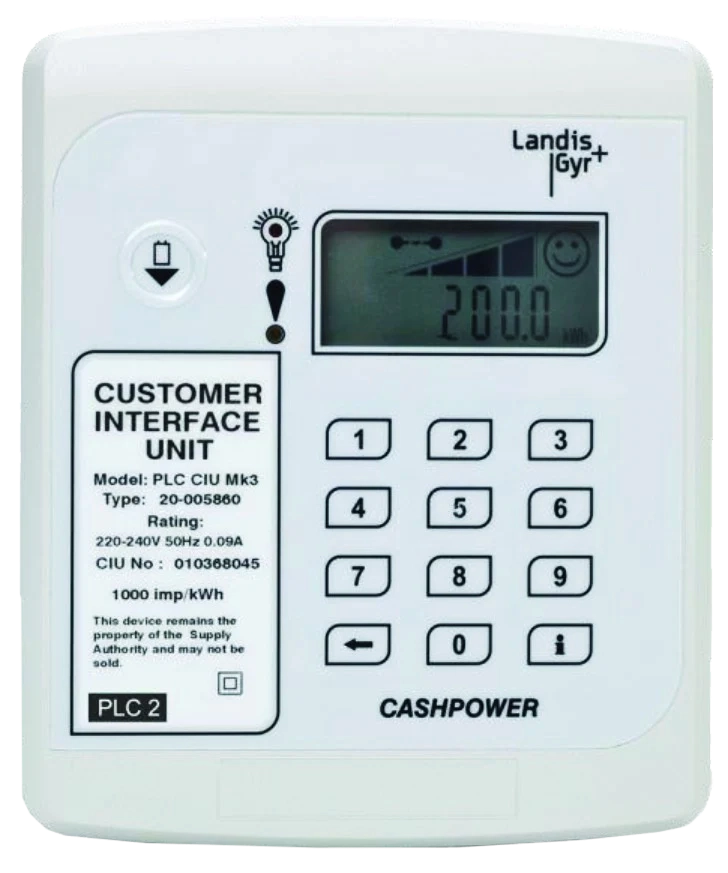Prepaid electricity customer interface unit displaying kilowatt-hours